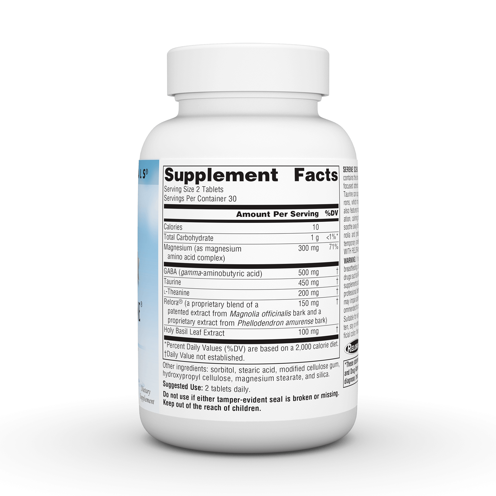 Serene Science® Theanine Serene® with Relora® 60 Tab. Image 2 of 3. Side of bottle displaying ingreident list, dosage instructions, allergen warnings and contraindications.