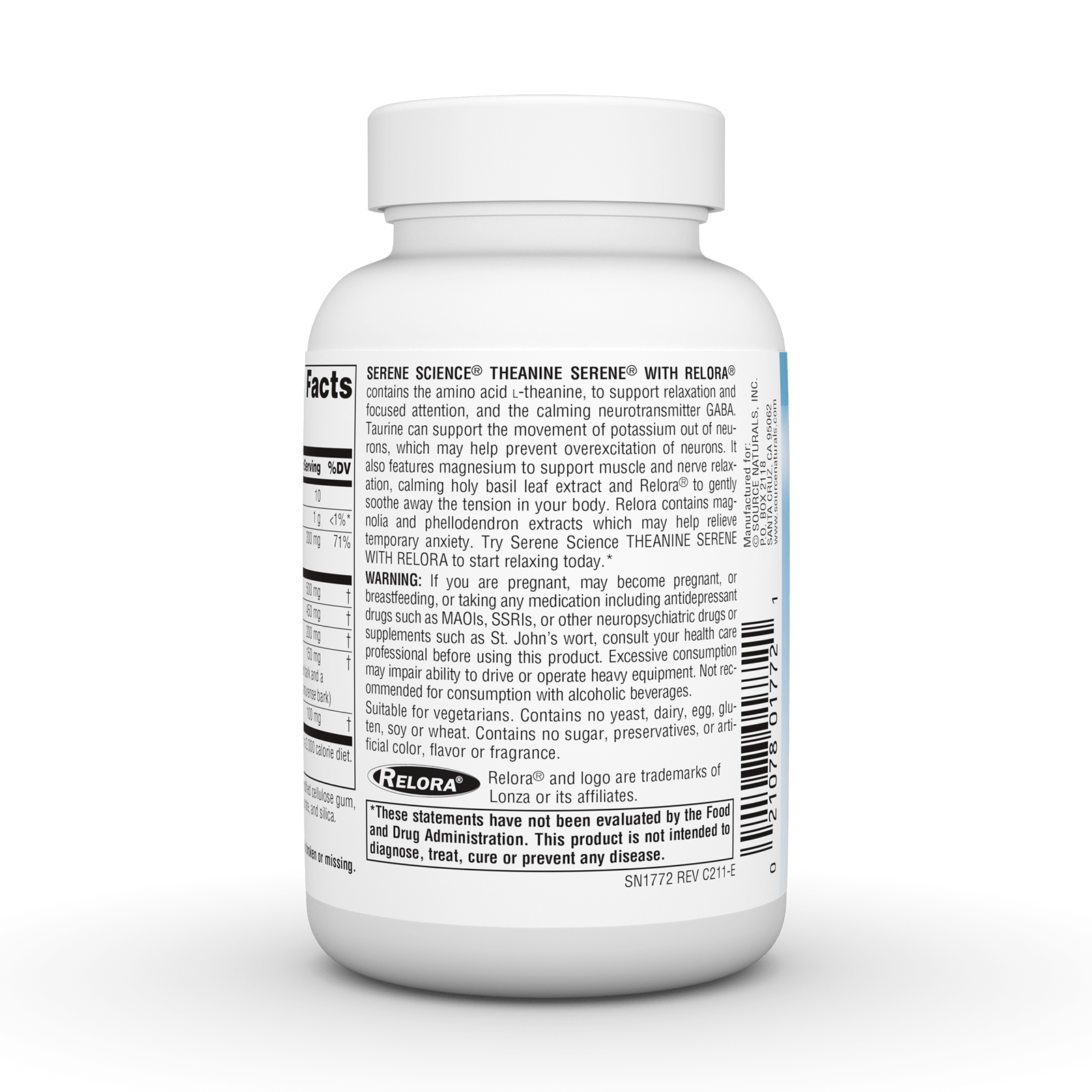 Serene Science® Theanine Serene® with Relora® 60 Tab. Image 3 of 3. Back of bottle displaying ingreident list, dosage instructions, allergen warnings and contraindications.
