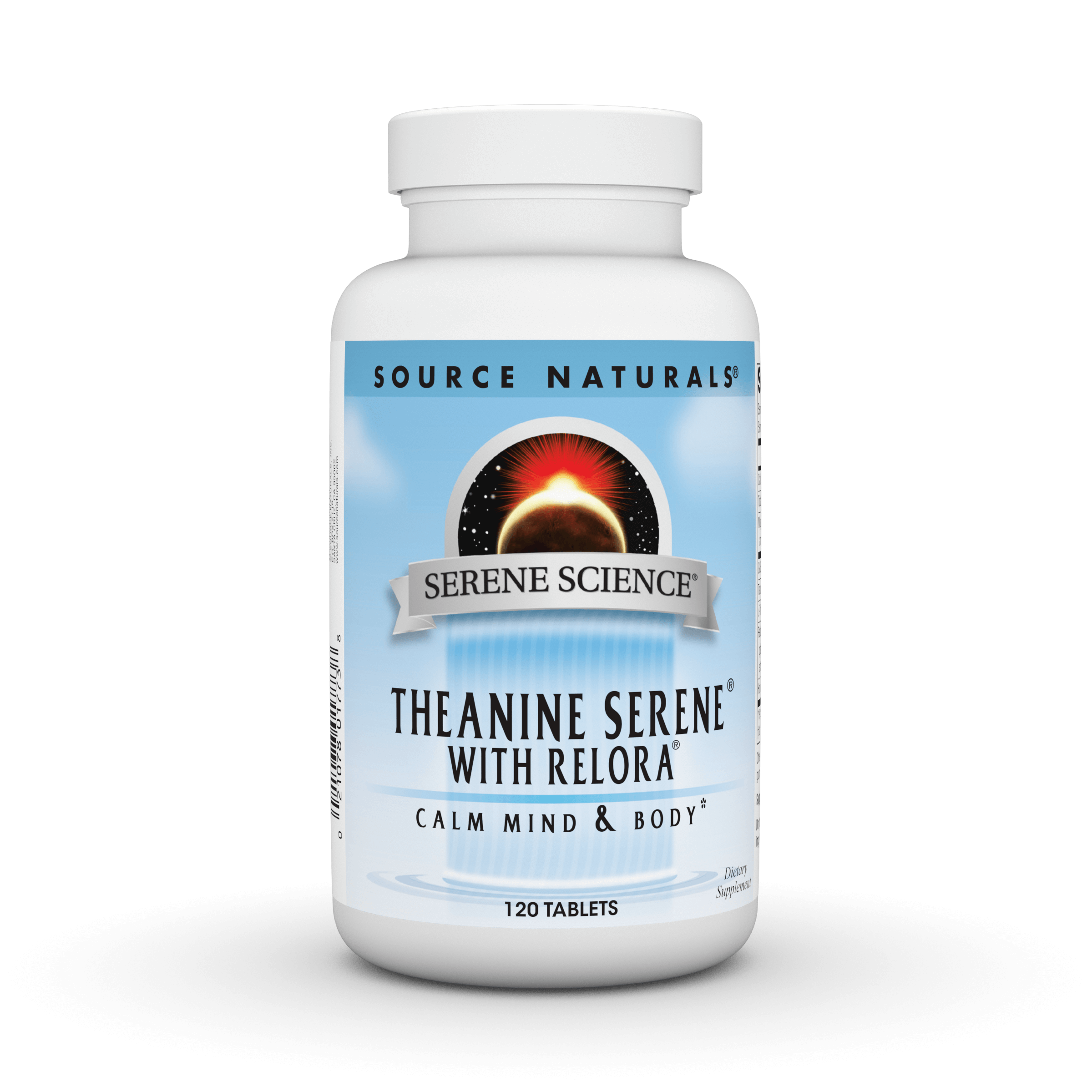 Serene Science® Theanine Serene® with Relora® 120 Tab. Image 1 of 3. Front of bottle displaying branding and product description. 