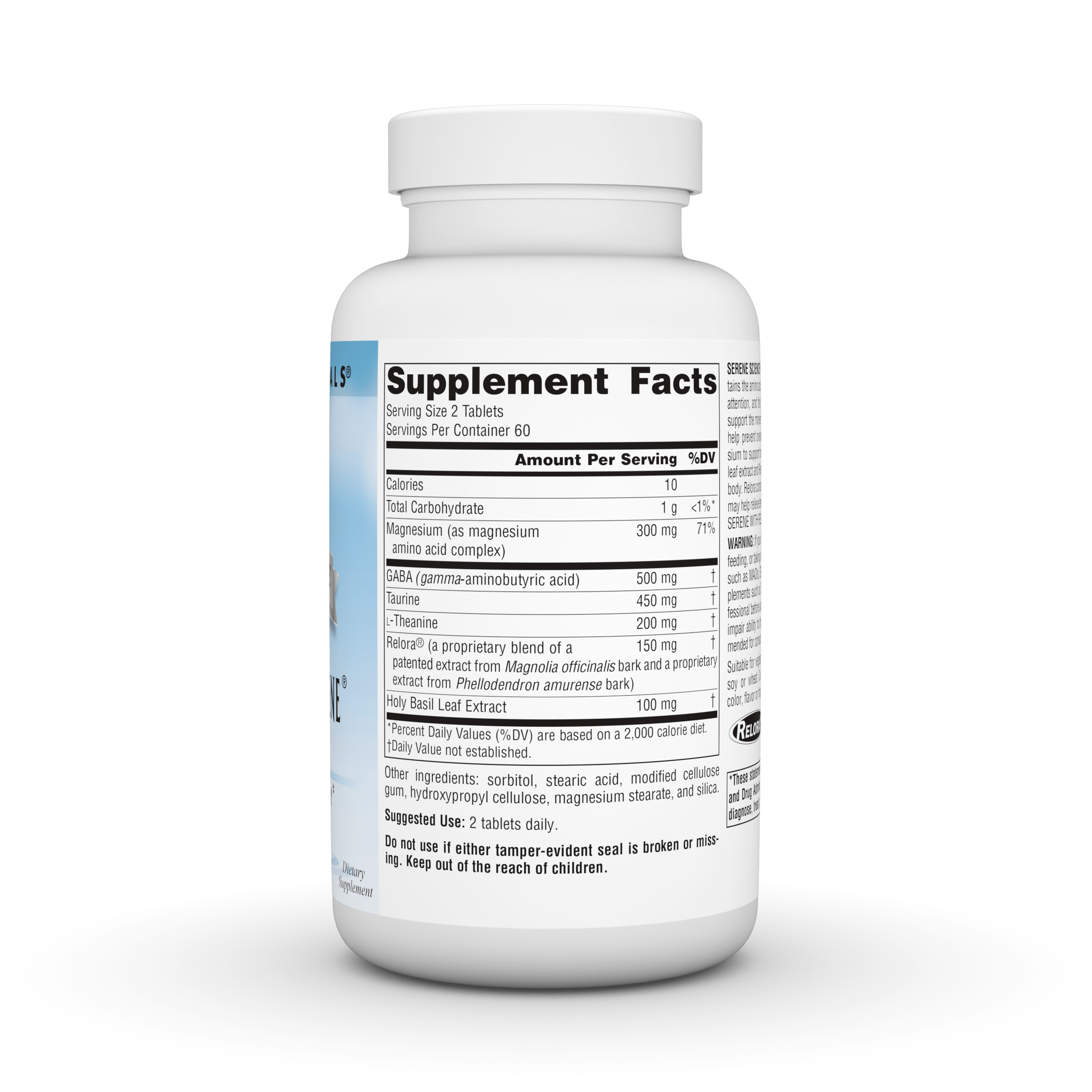 Serene Science® Theanine Serene® with Relora® 120 Tab. Image 2 of 3. Side of bottle displaying ingreident list, dosage instructions, allergen warnings and contraindications.