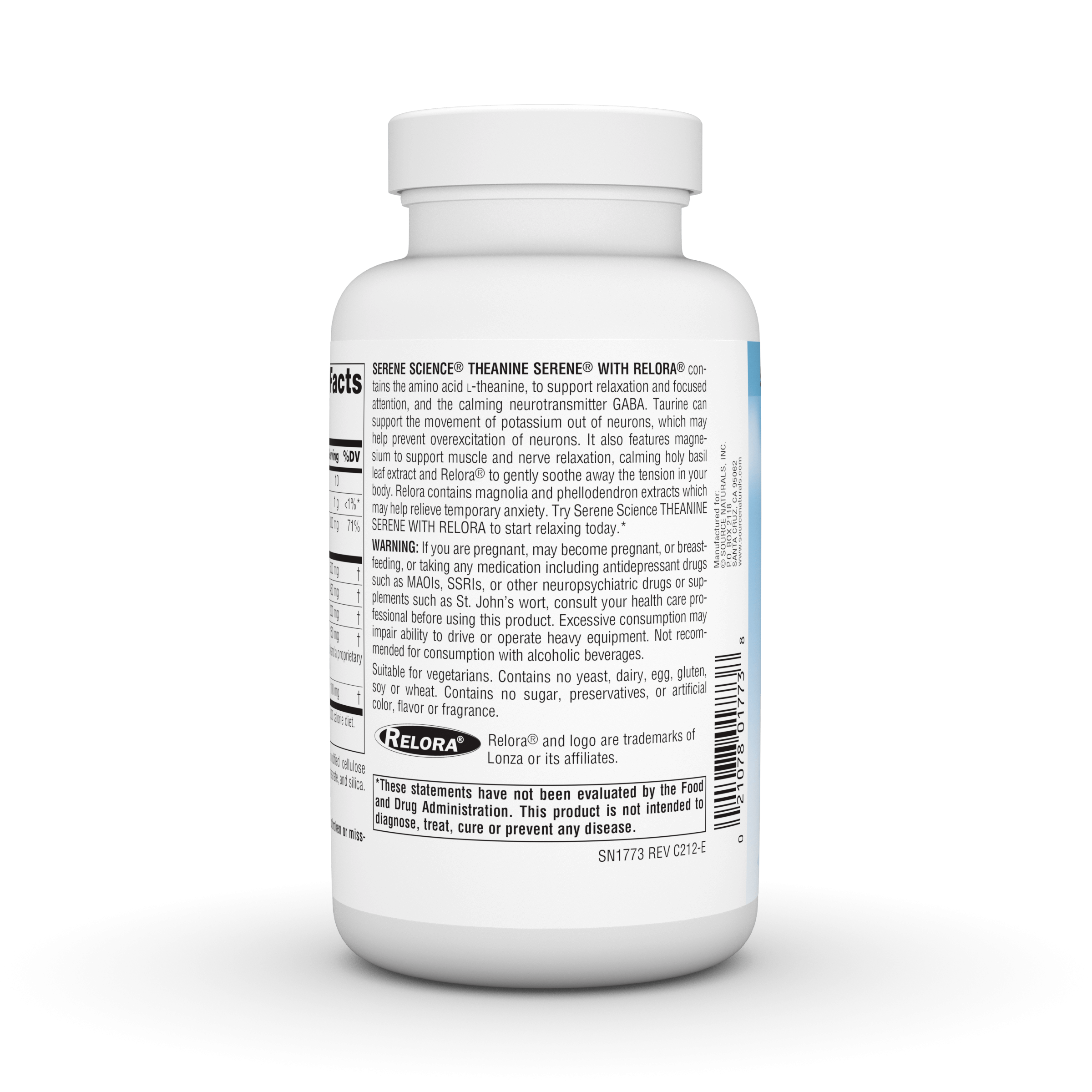 Serene Science® Theanine Serene® with Relora® 120 Tab. Image 3 of 3. Back of bottle displaying ingreident list, dosage instructions, allergen warnings and contraindications.